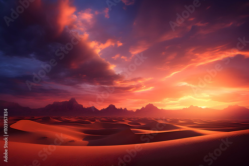 Fiery sunset paints the desert landscape in vibrant hues of orange and red, casting long shadows across the sand dunes and silhouetting the distant mountains. A breathtaking scene of nature's beauty.