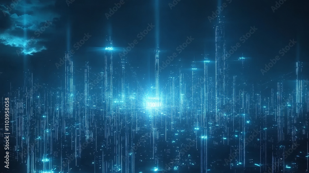 Fototapeta premium Futuristic Cityscape with Neon Lights and Digital Structures