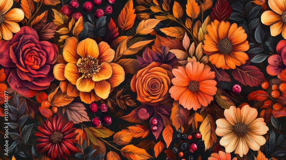 Autumn Floral Pattern: Vibrant Fall Flowers and Leaves Autumn Floral Pattern: Vibrant Fall Flowers and Leaves