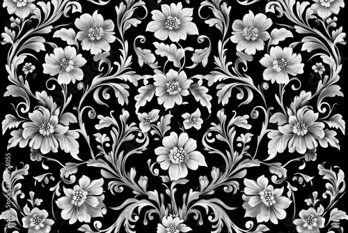 Elegant Floral Pattern with Detailed Black Background Featuring Intricate Flower Designs