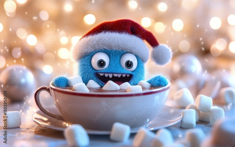 Marshmallow Monster A tiny blue monster relaxing in a cup of hot chocolate with marshmallows floating around, wearing a Santa hat and looking adorably happy Marshmallow Monster A tiny blue monster relaxing in a cup of hot chocolate with marshmallows floating around, wearing a Santa hat and looking adorably happy