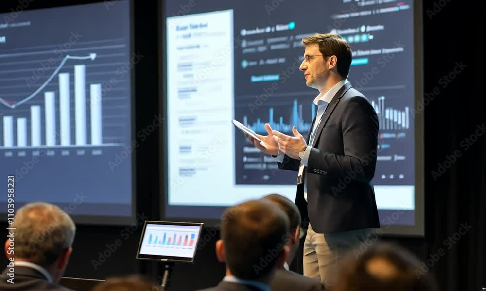 Businessman giving a presentation with data visualizations on a large screen.