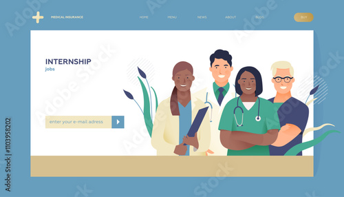 Internship Jobs. Modern Flat Vector Concept Illustration. Young Medical Specialists Standing Together, Team of Interns. Insurance Landing Page Design Template. Website Banner.