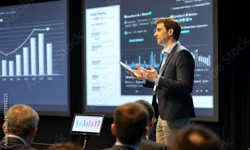 Businessman giving a presentation with data visualizations on a large screen.