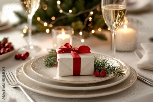 Festive Christmas dinner table with centerpiece gift box, red ribbon, decorated tree, and champagne glasses, cozy ambiance, holiday decorations