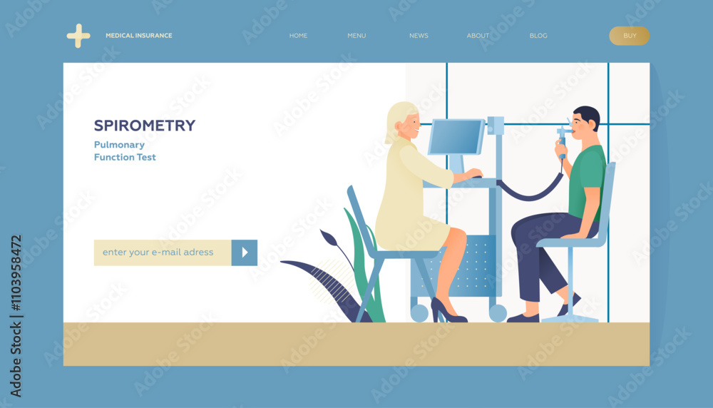 Spirometry. Pulmonary Function Test. Modern Flat Vector Illustration. Medical Specialist with Patient Doing Spirometry in Laboratory Office. Insurance Landing Page Design Template. Website Banner. Spirometry. Pulmonary Function Test. Modern Flat Vector Illustration. Medical Specialist with Patient Doing Spirometry in Laboratory Office. Insurance Landing Page Design Template. Website Banner.