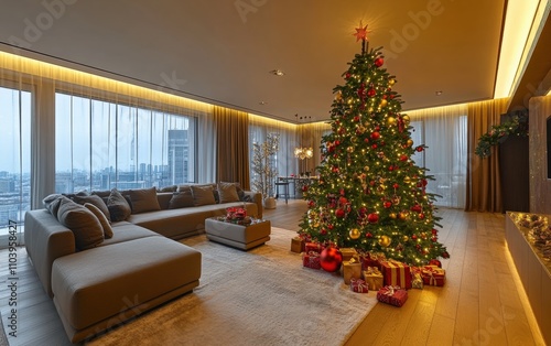 modern cozy room with panorama vindow christmass tree with decorations toys and lights  photo