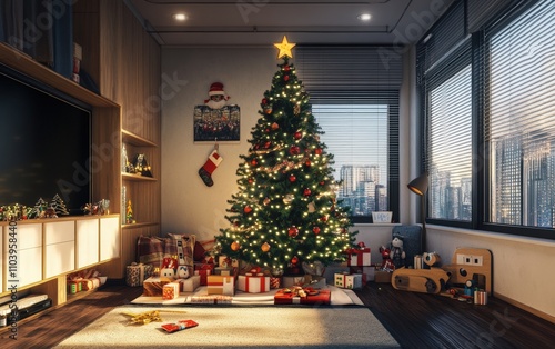 Wallpaper Mural modern cozy room with panorama vindow christmass tree with decorations toys and lights  Torontodigital.ca