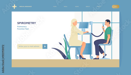 Spirometry. Pulmonary Function Test. Modern Flat Vector Illustration. Medical Specialist with Patient Doing Spirometry in Laboratory Office. Insurance Landing Page Design Template. Website Banner.
