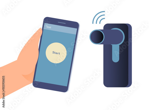 Wireless Home Spirometer Medical Device in Color with Connection via Smartphone Isolated on White Background. Hand Holding Smartphone with Medical Application.