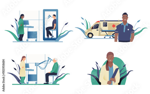 Set of Modern Flat Medical Insurance Illustrations. Spirometry and Plethysmography in Medical Office, Ambulance Transport, Medical Specialist.