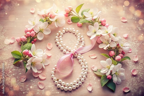 Vintage Style Greeting Card for International Women's Day Featuring Number 8 Surrounded by Apple Blossoms, Pink Ribbon, and Pearls on Soft Pink Background