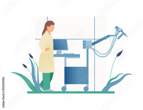 Female Doctor Standing near Pulmonary Testing Equipment. Plethysmography in Medical Office or Laboratory. Respiratory Diseases. Modern Flat Vector Illustration.