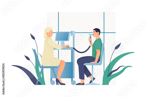 Spirometry. Modern Flat Vector Illustration. Medical Specialist with Male Patient Perform Spirometry in Laboratory or Office. Website Banner Template.