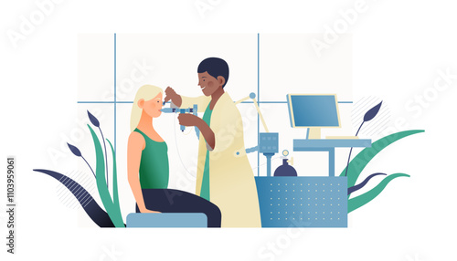 Doctor Performing Body Plethysmography on Patient in Medical Office or Laboratory. Respiratory Diseases. Modern Flat Vector Illustration. Lung Function Test on Patient.