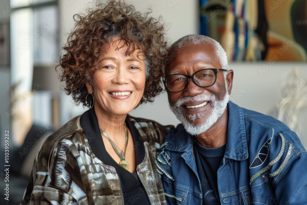 Portrait of a grinning multicultural couple in their 60s wearing a trendy bomber jacket over stylized simple home office background Portrait of a grinning multicultural couple in their 60s wearing a trendy bomber jacket over stylized simple home office background