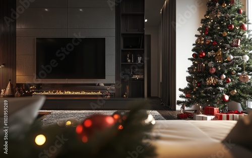 modern cozy room with panorama vindow christmass tree with decorations toys and lights  photo