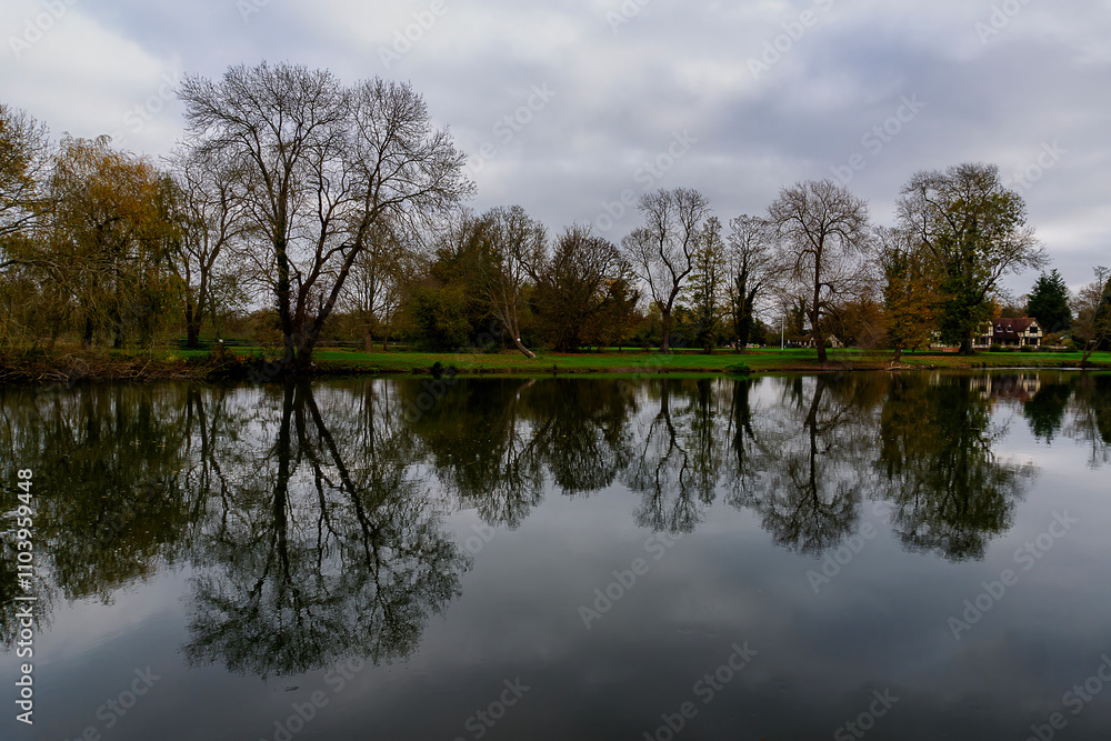 The reflection of the tree line along the River Thames at Runnymede, Surrey, UK The reflection of the tree line along the River Thames at Runnymede, Surrey, UK