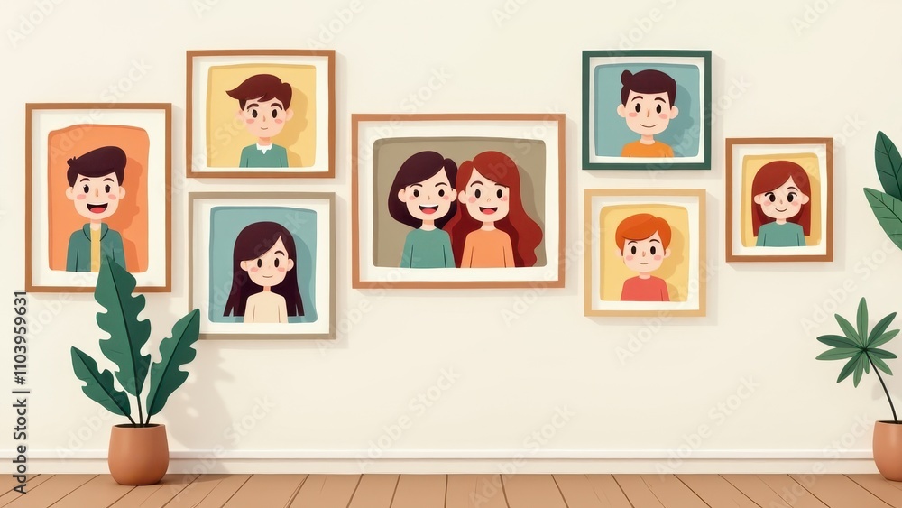 Family gallery walls. Seven cartoon portraits in wooden frames hang on a wall, alongside green potted plants, creating a cozy and cheerful atmosphere. Family gallery walls. Seven cartoon portraits in wooden frames hang on a wall, alongside green potted plants, creating a cozy and cheerful atmosphere.