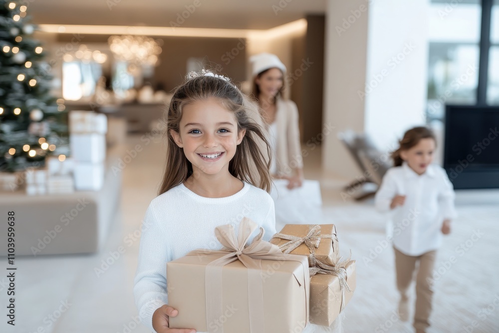A delighted girl carries beautifully wrapped gifts, showcasing the joy of giving during the festive season in a bright, modern living space filled with warmth. A delighted girl carries beautifully wrapped gifts, showcasing the joy of giving during the festive season in a bright, modern living space filled with warmth.