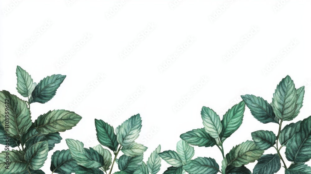 Fototapeta premium Watercolor Mint Leaves Border - Green Foliage Illustration