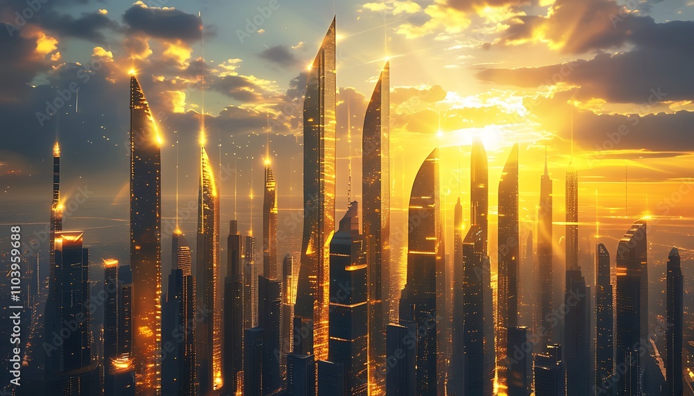 Futuristic cityscape glowing in sunset with tall skyscrapers and light Futuristic cityscape glowing in sunset with tall skyscrapers and light