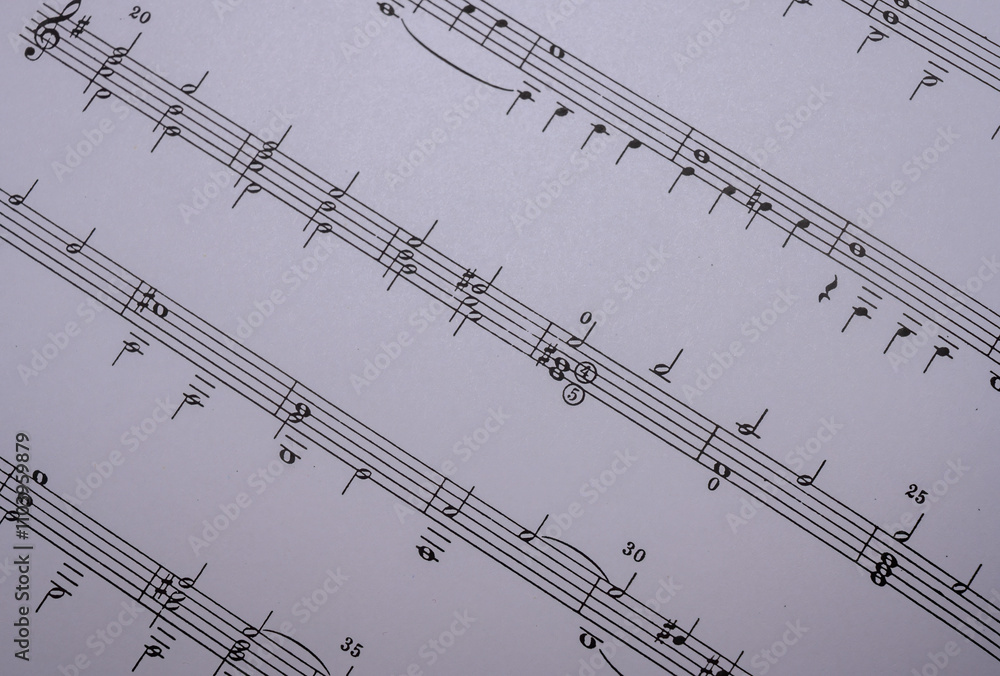 Fototapeta premium Sheet music is laid out on a flat surface, showcasing musical notes and notation that musicians use for practice and performance. This represents a creative activity focused on music