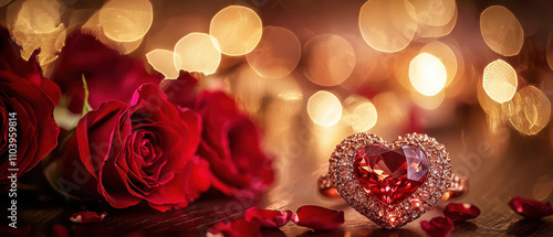 stunning close up of heart shaped engagement ring surrounded by red roses, creating romantic atmosphere with soft bokeh lights in background. Perfect for love and engagement themes