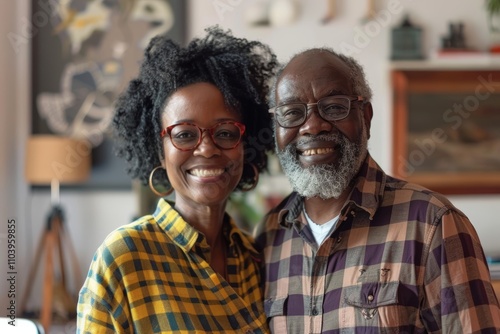 Portrait of a content afro-american couple in their 60s dressed in a relaxed flannel shirt isolated on stylized simple home office background