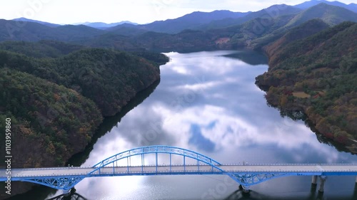 Beautiful scenery of Boseong River in Boseong, Jeollanam-do, background shot with drone in autumn afternoon