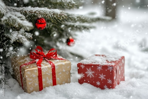 Festive christmas tree surrounded by colorful gift boxes on a beautiful snowy landscape