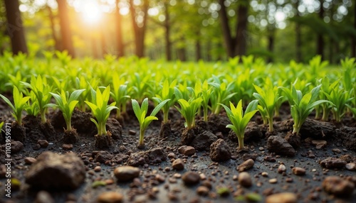 Row of young green seedlings growing in rich soil with warm sunlight in a forest setting