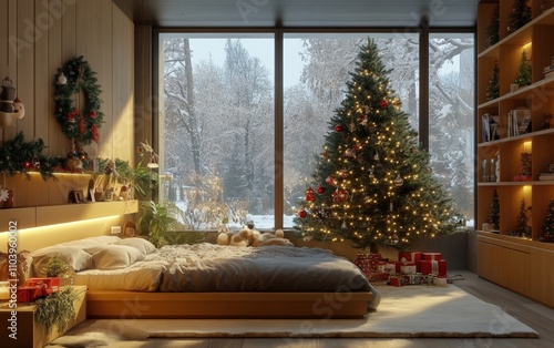 modern cozy room with panorama vindow christmass tree with decorations toys and lights  photo