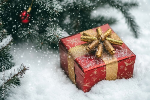 Festive christmas tree decorated with gifts on a beautiful snowy winter background