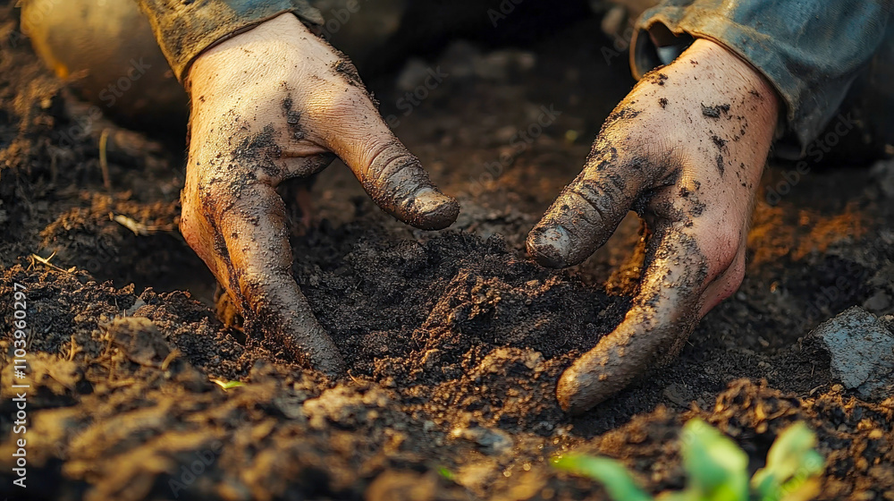 Hands covered in dirt, preparing soil for planting in a garden. Represents gardening, farming, and organic practices Hands covered in dirt, preparing soil for planting in a garden. Represents gardening, farming, and organic practices