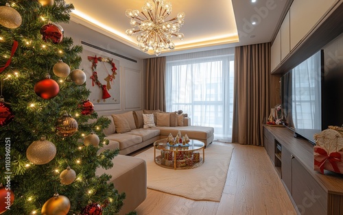 modern cozy room with panorama vindow christmass tree with decorations toys and lights  photo