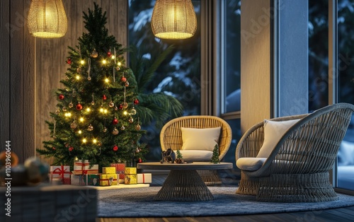 modern cozy room with panorama vindow christmass tree with decorations toys and lights  photo