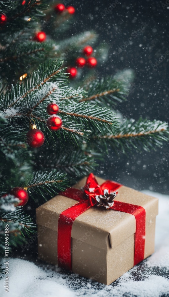 Festive christmas tree with gift box on a snowy landscape for holiday celebrations Festive christmas tree with gift box on a snowy landscape for holiday celebrations