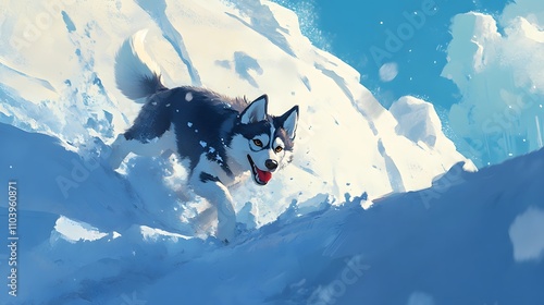 71. A cheerful husky digging into a large snowdrift with its tail wagging photo