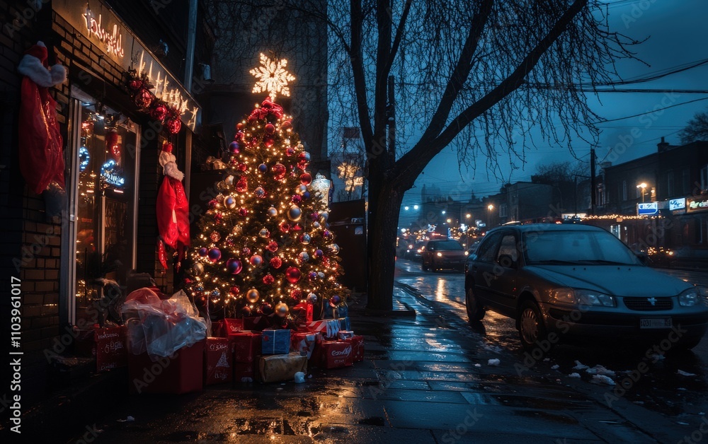 modern cozy street christmass tree with decorations toys and lights modern cozy street christmass tree with decorations toys and lights