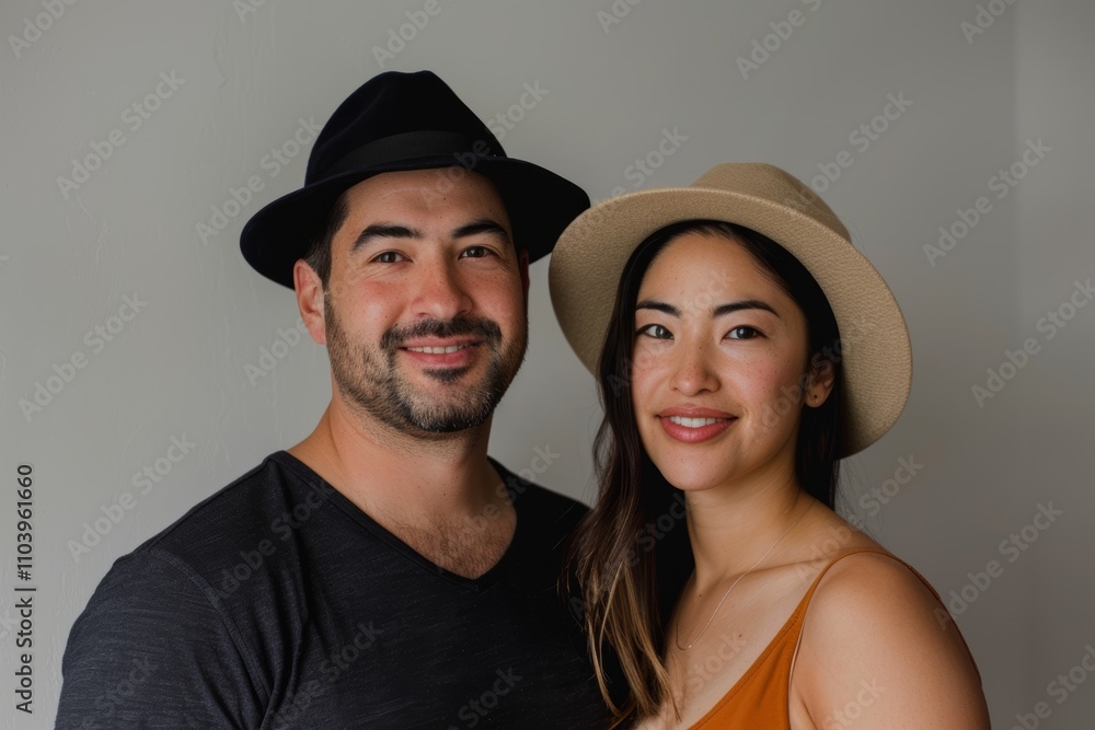 Portrait of a content mixed race couple in their 20s donning a classic fedora over plain cyclorama studio wall Portrait of a content mixed race couple in their 20s donning a classic fedora over plain cyclorama studio wall