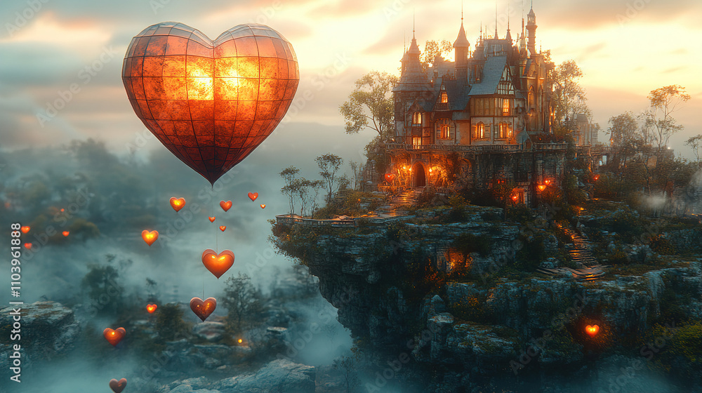 Obraz premium Hot air balloon in the shape of a heart floats near a mystical castle at sunset. Generative AI