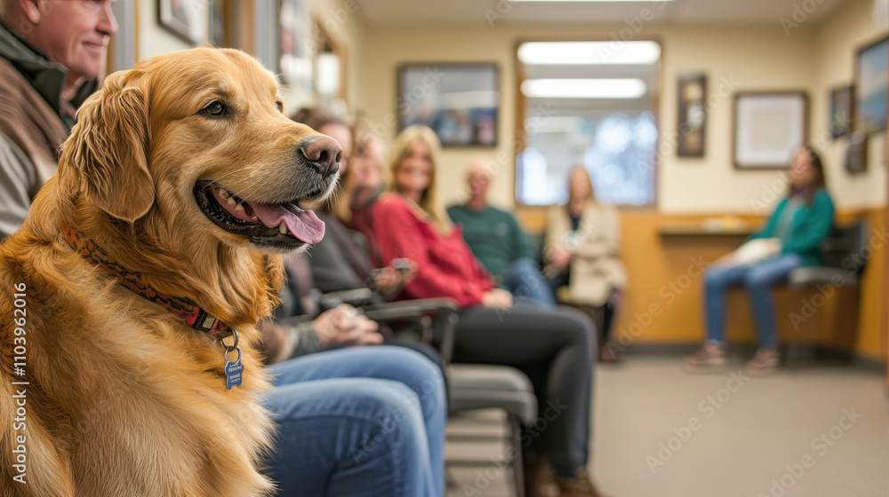 golden retriever sits in waiting room, surrounded by people. atmosphere is calm and friendly, showcasing bond between pets and their owners golden retriever sits in waiting room, surrounded by people. atmosphere is calm and friendly, showcasing bond between pets and their owners