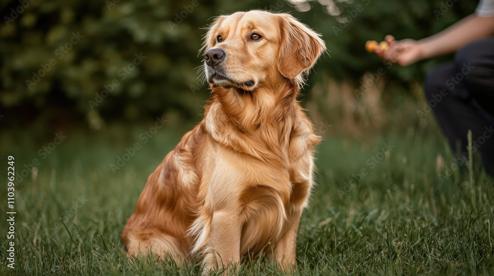 golden retriever sitting gracefully in lush green field, showcasing its beautiful fur and attentive expression. dog appears calm and alert, enjoying outdoors golden retriever sitting gracefully in lush green field, showcasing its beautiful fur and attentive expression. dog appears calm and alert, enjoying outdoors