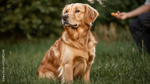 golden retriever sitting gracefully in lush green field, showcasing its beautiful fur and attentive expression. dog appears calm and alert, enjoying outdoors