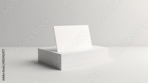 Card on desk for contact information. A stack of pristine white paper stands on a light gray surface, neatly aligned. The background is a muted gray, enhancing contrast.