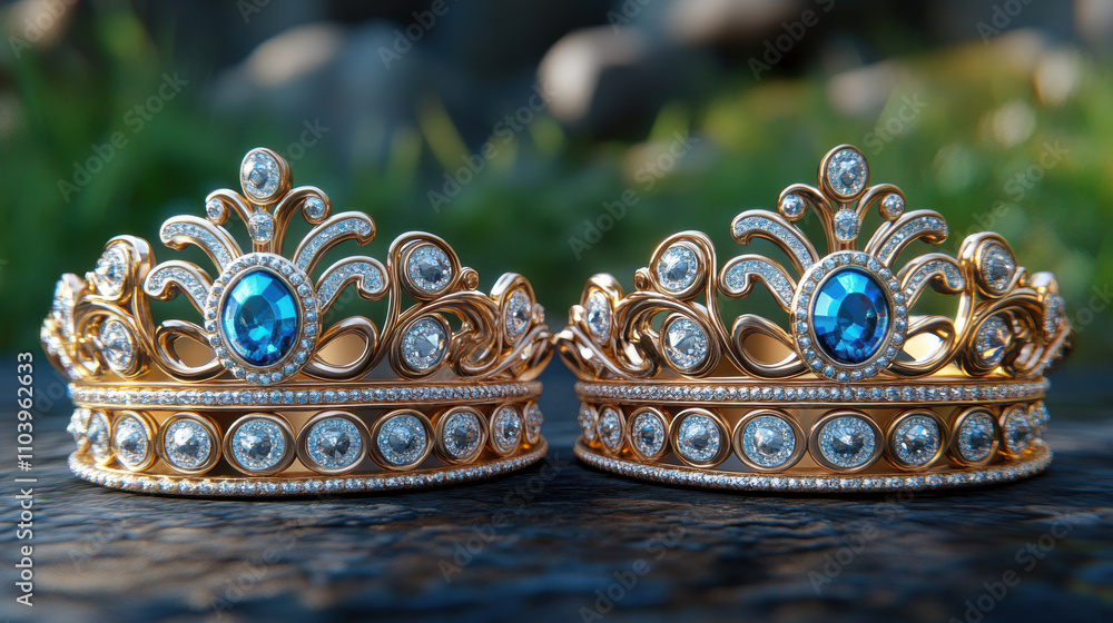 Elegant golden crowns adorned with blue gemstones and sparkling diamonds, symbolizing royalty and luxury. Perfect for celebrations or themed events Elegant golden crowns adorned with blue gemstones and sparkling diamonds, symbolizing royalty and luxury. Perfect for celebrations or themed events