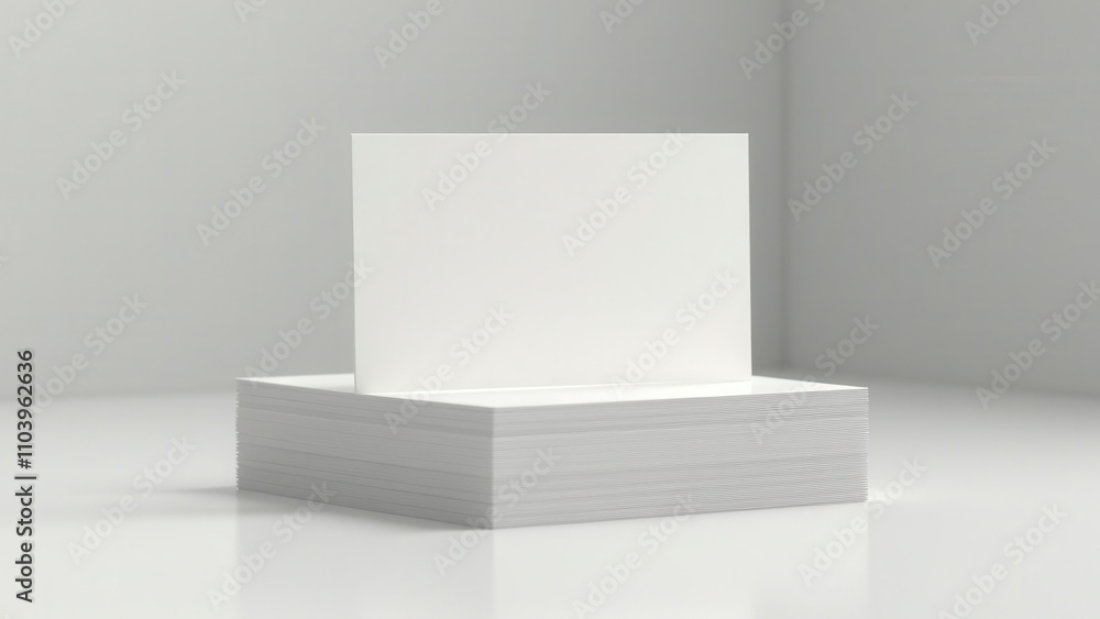 Card on desk for contact information. A stack of pristine white paper stands on a light gray surface, neatly aligned. The background is a muted gray, enhancing contrast. Card on desk for contact information. A stack of pristine white paper stands on a light gray surface, neatly aligned. The background is a muted gray, enhancing contrast.