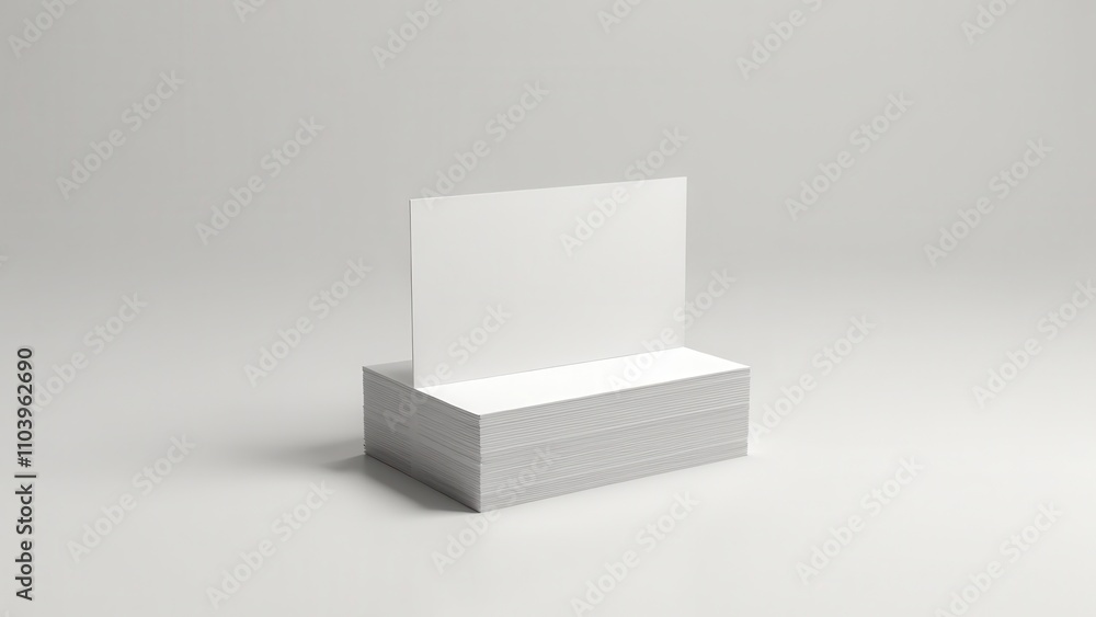 Card on desk for contact information. A stack of pristine white paper stands on a light gray surface, neatly aligned. The background is a muted gray, enhancing contrast.