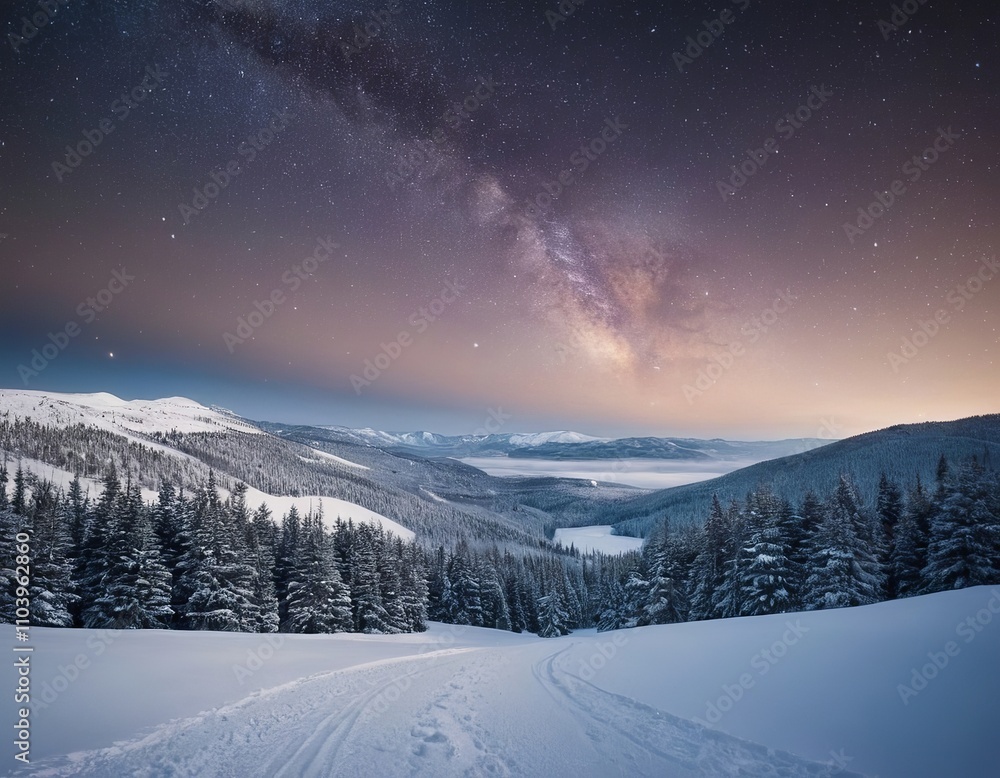 A serene winter landscape with a starry sky and the Milky Way shining over snow-covered mountains. A serene winter landscape with a starry sky and the Milky Way shining over snow-covered mountains.